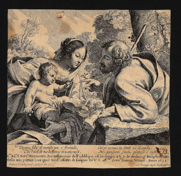La Sacra Famiglia, con Giuseppe che offre un uccellino a Gesù Bambino