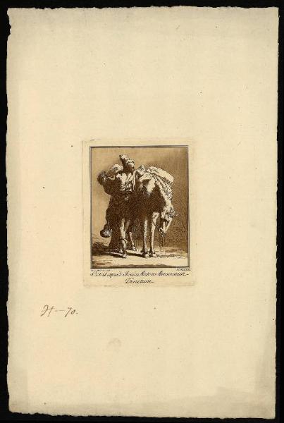 Figura maschile col braccio appoggiato ad un cavallo pesantemente caricato