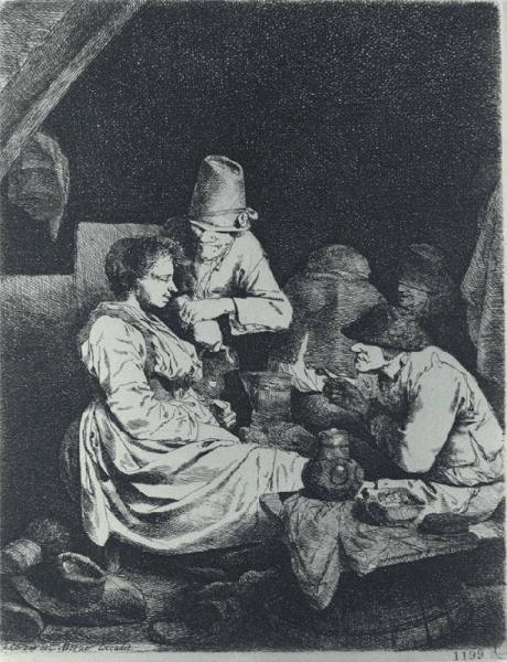 Interno di un'osteria con due contadini e una giovane donna