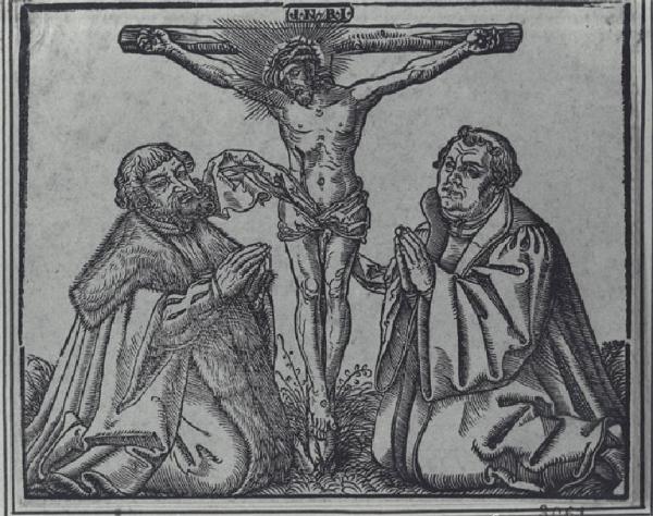 Gesù Cristo crocifisso con due oranti