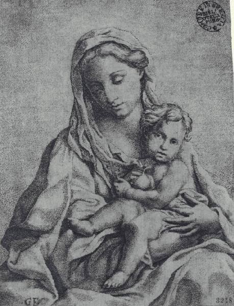 Madonna con Gesù Bambino reggente un crocifisso ed un frutto
