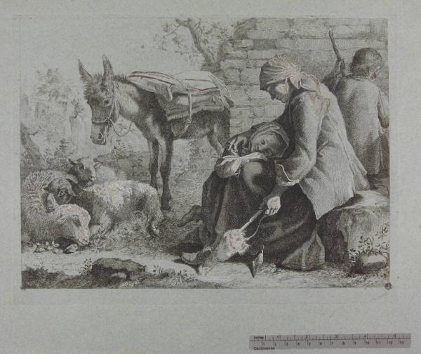 Famiglia di contadini a riposo con un asino e tre pecore