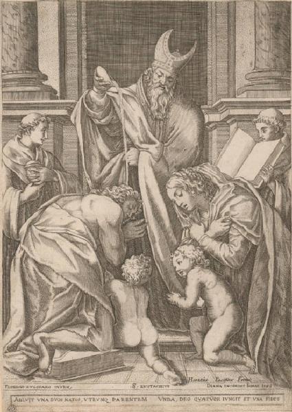 Sant'Eustachio si fa battezzare con la moglie e i figli