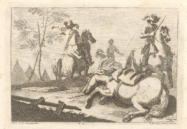 Un trombettiere a cavallo e due cavalieri