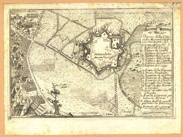 Pianta della città di Mirandola e suoi attacchi del 1735