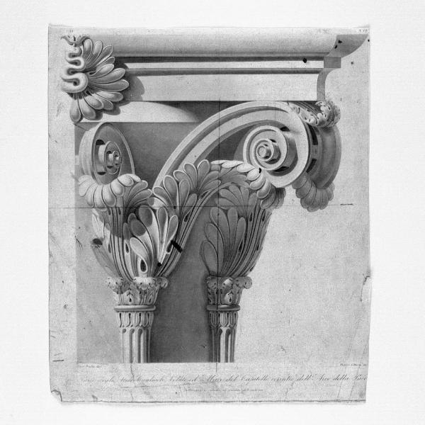 Parte degli steli caulicoli, volute ed abaco del Capitello corintio dell'Arco della Pace