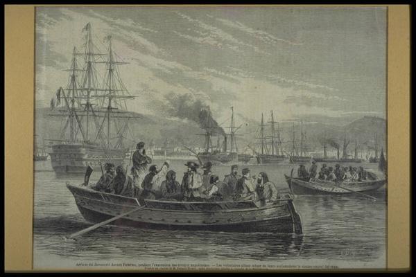 Arrivo del Donawerth davanti a Palermo, durante l'evacuazione delle truppe napoletane. I volontari vanno ad acclamare il contro-ammiraglio Jehenne