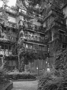Dettaglio di uno dei fronti rivolti al giardino, movimentato dall'andamento a gradoni e mascherato dalla presenza del verde - fotografia di Introini, Marco (2015)