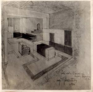 Veduta interni - Disegno della Sala della Biancheria dell'ing. G.Mantero - Esposizione Internazionale - Monza 1930