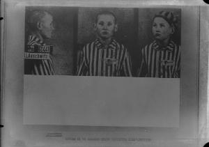 Seconda guerra mondiale - Nazismo - Polonia - Campo di concentramento di Auschwitz - Foto segnaletica - Ritratto infantile: bambino deportato con pigiama a righe - Numero di matricola 62441