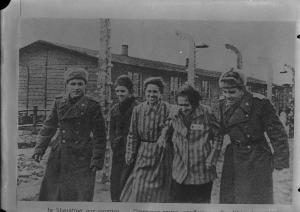 Seconda guerra mondiale - Polonia - Campo di concentramento di Auschwitz-Birkenau - Nazismo - Liberazione - Militari sovietici in divisa con donne sopravvissute con tenuta da campo a strisce (zebrate) - Reticolato con filo spinato - Baracche