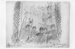 Disegno a matita di Lodovico Belgiojoso - Gunskirchen, 4 maggio 1945, ore 18 - 1945 - Milano, Raccolte della famiglia Belgiojoso / Campo di concentramento di Gunskirchen (sottocampo di Mauthausen) - Nazismo - Liberazione - Arrivo delle truppe americane - Prigionieri deportati