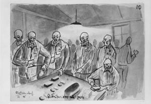 Disegno di Carlo Slama - Distribuzione pane - 1945  - Campo di concentramento di Buchenwald, Germania - Nazismo - Baracca, interno - Distribuzione del cibo - Prigionieri con pigiama a strisce ("zebrati")