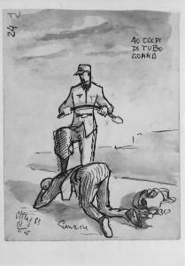 Disegno di Carlo Slama - Punizione - 1945  - Campo di concentramento di Buchenwald, Germania - Nazismo - SS frusta un prigioniero - Tortura