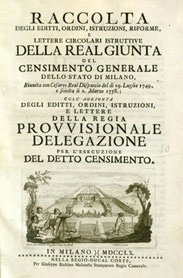 Frontespizio della Raccolta editti della Real Giunta del Censimento Generale, Milano 1760