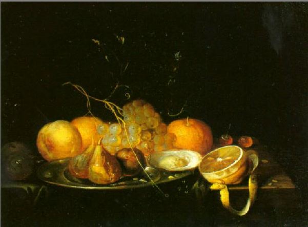 Natura morta con ostrica, limone e bicchiere su tavolo. Lamoen Abraham