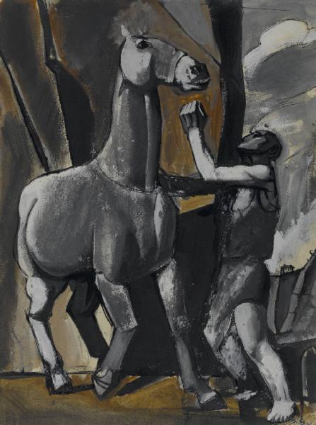 Composizione: Uomo in atto di trattenere un cavallo, ca. 1921