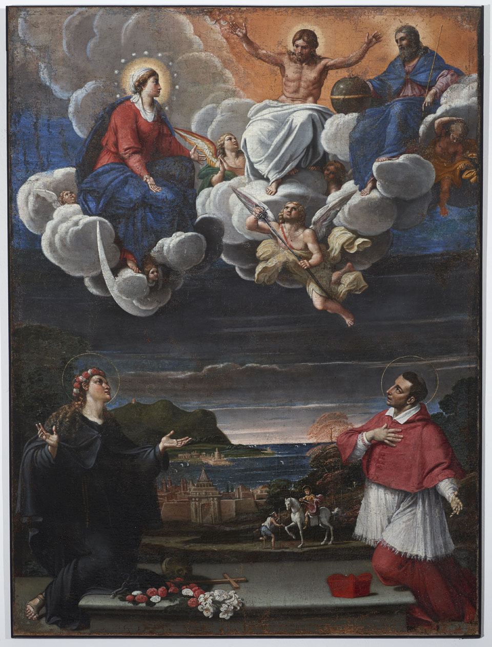 Fig. 12 Santa Rosalia e san Carlo Borromeo chiedono all’Immacolata d’intercedere presso la Trinità, XVII secolo. Gordona, oratorio dei confratelli