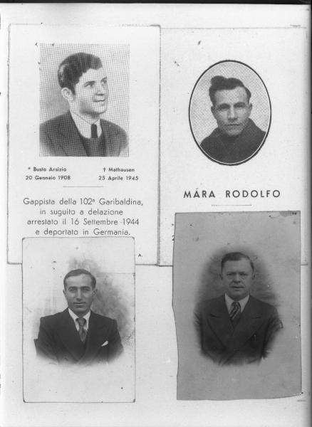 Riproduzione di quattro foto ricordo che ritraggono giovani deportati italiani caduti nel campo di concentramento di Mauthausen o nel sottocampo di Gusen