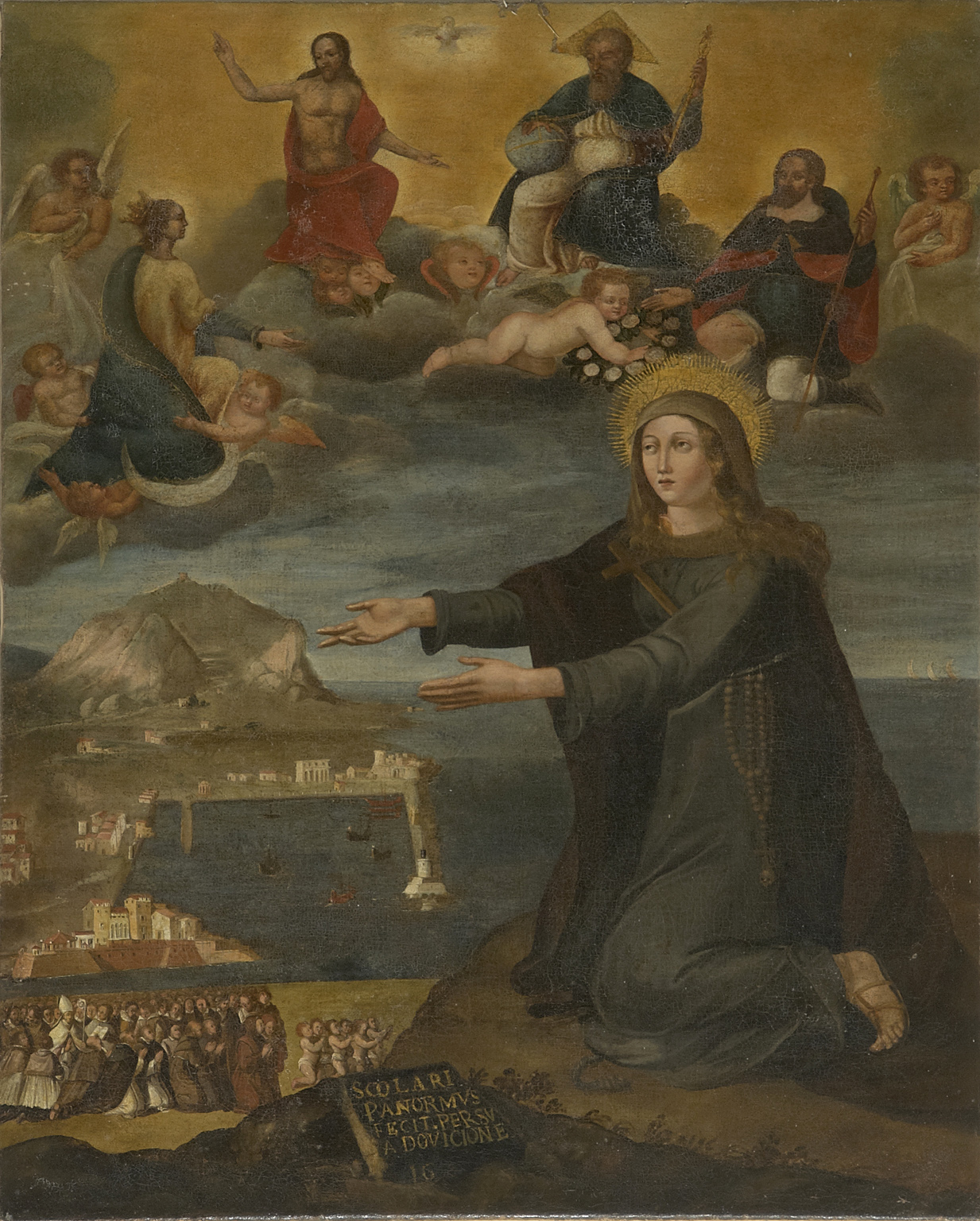 Fig. 4 dipinto seicentesco raffigurante l’Intercessione di santa Rosalia con la veduta del porto di Palermo. Brenzio, San Giovanni Battista 