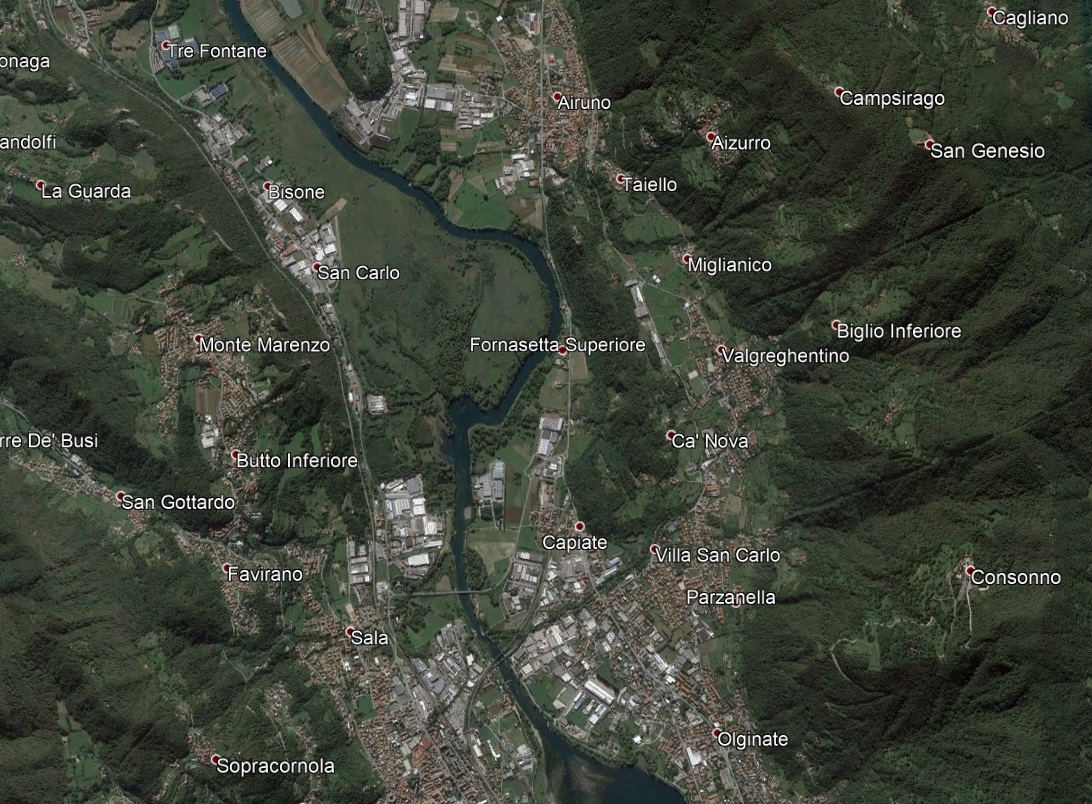 Il territorio di Capiate oggi (il nord è in basso). Immagine da Google Earth.