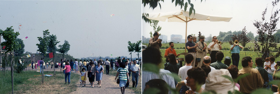 Parco Nord, aquilonata durante la prima Festa del Parco, 1989 © Massimo Urso e Parco Nord, Festa del Parco, concerto di musica all'aperto, 1992 © Anonimo - Archivio fotografico Parco Nord Milano