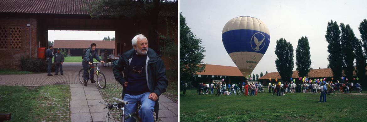 Parco Nord, l'architetto Francesco Borella davanti all'ingresso della Cascina Centro Parco © Vincenzo Lombardo e Cascina Centro Parco: manifestazione organizzata da Greenpeace, 1992 © Massimo Urso – Archivio fotografico Parco Nord Milano