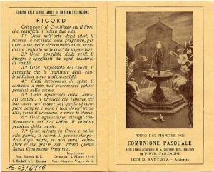 Pieghevole.Comunione Pasquale,anno del Signore 1935,chiesa Arcipretale, Pieve Terzagni.