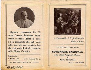 Pieghevole.Moltiplicazione dei pani e dei pesci.Anno Santo 1925. Comunione Pasquale Pieve Terzagni.