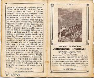 Pieghevole.Benedetto XV con Eucarestia.Anno del Signore 1917, Comunione Pasquale, Pieve Terzagni.
