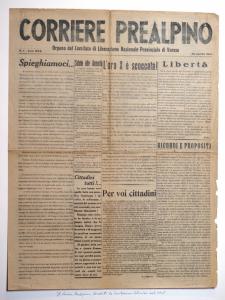 Testo tipografico. Prima pagina del giornale "Corriere Prealpino" del 26 aprile 1945