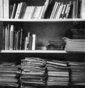 Porzione di libreria con libri e riviste