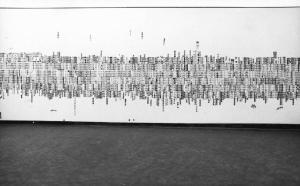 Parete dell'esposizione in tempo reale alla Biennale di venezia del 1942 con appese le striscie di fototessere realizzate dagi spettatori