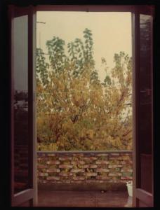 Porta finestra aperta su balcone con alberi sullo sfondo