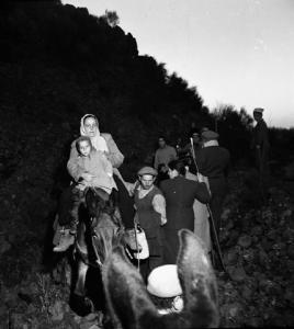 Italia del Sud. Sicilia - eruzione dell'Etna - processione notturna lungo le pendici del vulcano - donne e bambini a dorso di mulo