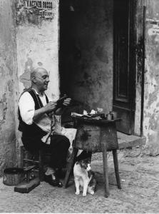 Napoli: Lavoro. Napoli - Vicoli - Ritratto maschile - Anziano calzolaio al suo banchetto davanti all'uscio di casa - Riparazione calzature - Gatto