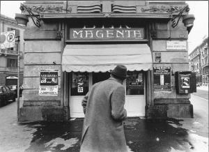 Milano - Largo Paolo d'Ancona - Bar Magenta, esterno: insegna originale in stile Liberty - Uomo di fronte al bar - Casella postale Poste Italiane - Poster