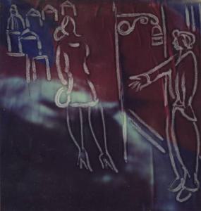 La lanterna magica. Incisioni di A. Mangini su fotografia: un uomo e una donna in conversazione - sullo sfondo scorcio urbano