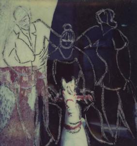 La lanterna magica. Incisioni di A. Mangini su fotografia: un uomo, una donna e una figura a cavallo