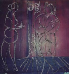La lanterna magica. Incisioni di A. Mangini su fotografia: un uomo e una donna in conversazione alla luce di un lampione