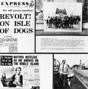 Isola dei cani. Londra - Isola dei Cani - dichiarazione d'indipendenza - pagine di giornale - manifestanti