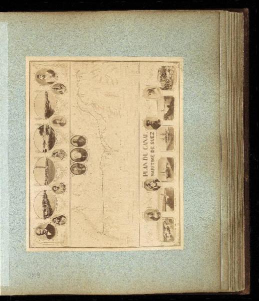 Carta geografica - Piano del Canale di Suez ornato da ritratti di nativi egiziani, personaggi illustri, e vedute della città di Suez e del Canale - Egitto