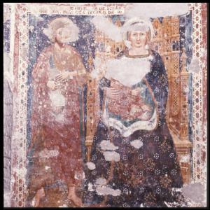 Affresco - Madonna in trono con Bambino - Fontanella Grazioli - Santuario della Beata Vergine della Malongola -  Abside