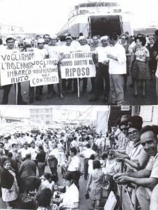 Genova - Sciopero lavoratori marittimi - Porto - Ritratto di gruppo - Lavoratori in divisa con cartelli di protesta - Viaggiatori in attesa di partire- Traghetto