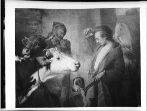 Riproduzione di opera d'arte. Dipinto di Carlo Lupetti - Autoritratto con contadino e vacche