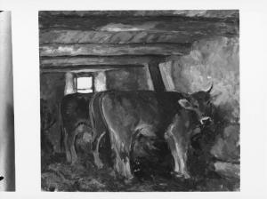 Riproduzione di opera d'arte. Dipinto di Emilio Sommariva: stalla - vacche - mangiatoia