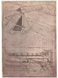 Disegno - Carri a ponte per assalto di fortezze e cannone su affusto rigido - Leonardo da Vinci - Milano - Biblioteca Ambrosiana - Codice Atlantico