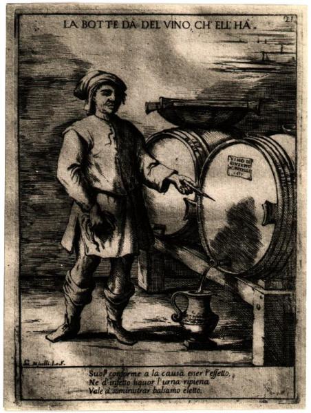 Milano - Castello Sforzesco. Civica Raccolta delle Stampe A. Bertarelli, Giuseppe Maria Mitelli, La botte dà del vino, ch'ell'ha, proverbio figurato, incisione su carta (1677).