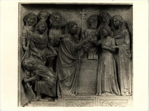 Carpiano - Chiesa di S. Martino. Giovanni da Campione, altare maggiore, Sposalizio di Maria Vergine, paliotto, altorilievo in marmo (1396).