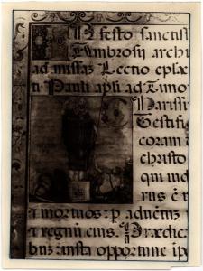 Vigevano - Museo del Tesoro del Duomo. S.Ambrogio e gli ariani, miniatura, particolare di una pagina di Evangeliario.